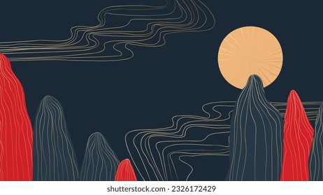 Happy Chinese new year landscape background vector. Oriental elegant golden line art mountains, hills ,sun, moon. Luxury asian design illustration for wallpaper, card, poster, packaging, advertising.