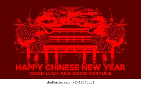 happy chinese new year landscape hand draw pagoda red light lantern good luck good fortune background vector illustration