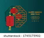Happy chinese new year: Chinese lantern with octagon window frame in paper cut art and craft style on green and yellow background. Vector Illustration for greeting card, flyer, banner, web