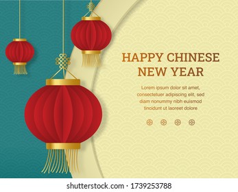 Happy chinese new year: Chinese lantern with paper cut art and craft style on green color Background. Vector Illustration for greeting card, flyer, banner, web, and many purpose
