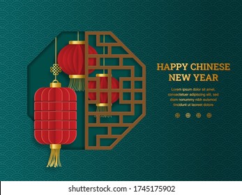 Happy chinese new year: Chinese lantern with octagon window frame in paper cut art and craft style on green and yellow background. Vector Illustration for greeting card, flyer, banner, web