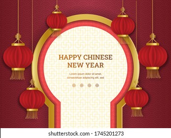 Happy chinese new year: Chinese lantern in front of door with paper cut art and craft style on red background. Vector Illustration for greeting card, flyer, banner, web, and many purpose