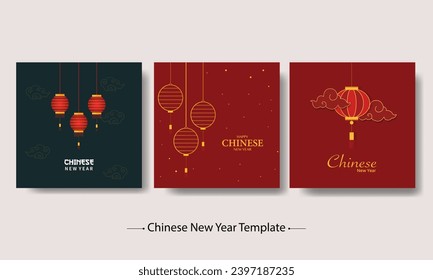 Happy Chinese New Year With Lantern Element Backgrounds Set