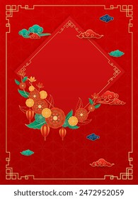 Happy Chinese New Year. Lantern cloud and flower on red background. Banner design china lunar calendar animal with empty space for text. For various advertising media or greeting cards. Vector EPS10.
