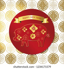 Happy chinese new year with lantern,circle,ribbon,pig in paper cut art and craft style