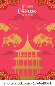 happy chinese new year lettering card with golden oxen and castle silhouettes vector illustration design