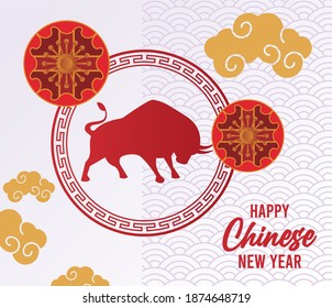 happy chinese new year lettering card with ox silhouette and golden clouds vector illustration design