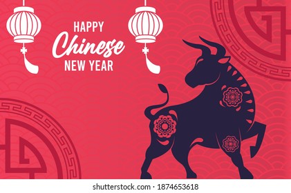 happy chinese new year lettering card with ox and lanterns vector illustration design