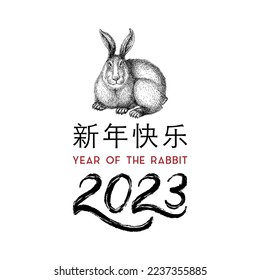 Happy Chinese New Year lettering with Rabbit illustration in vector, hieroglyphics mean wishes of a Happy New Year, eastern calendar zodiac symbol of 2023 Year, design for greeting card, poster