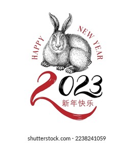 Happy Chinese New Year lettering with Rabbit illustration in vector, hieroglyphics mean wishes of a Happy New Year, eastern calendar zodiac symbol of 2023 Year, design for greeting card, poster