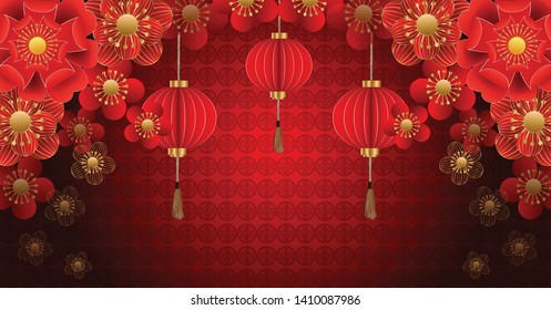Happy Chinese new year with Chinese lion ,Chinese lantern and flower are symbol of wealth and good luck on red background - vector