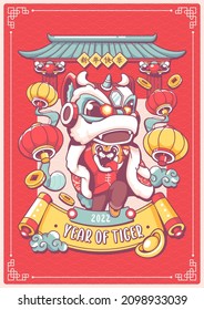 happy chinese new year chinese lion dance poster design with chinese lettering  gong xi fa cai that mean wish you happiness and prosperity in english