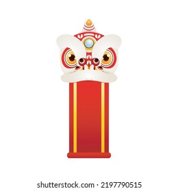 Happy Chinese New Year Lion Dance Head with blank scroll, Mascot for lucky red sign decorated with gold, banner template poster Cartoon vector illustration isolated on white background
