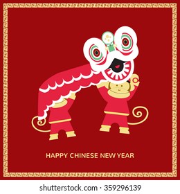 Happy Chinese New Year with chinese lion and year of the monkey 2016