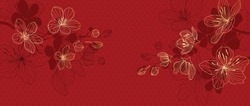 Feliz Año Nuevo Chino Como Vector De Fondo De Patrones De Estilo De Lujo. Textura De La Línea Dorada De La Flor De Sakura Oriental Sobre Fondo Rojo. Ilustración De Diseño Para Papel Pintado, Tarjeta, Afiche, Embalaje, Publicidad.