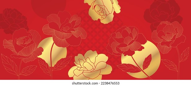 Happy Chinese new year luxury style pattern background vector. Golden rose flower line art on chinese pattern red background. Design illustration for wallpaper, card, poster, packaging, advertising.