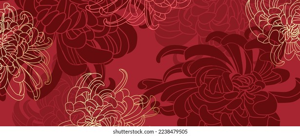 Happy Chinese new year luxury style pattern background vector. Oriental mums flower line art with gold and red color texture. Design illustration for wallpaper, card, poster, packaging, advertising.