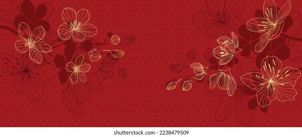 Happy Chinese new year luxury style pattern background vector. Oriental sakura flower gold line art texture on red background. Design illustration for wallpaper, card, poster, packaging, advertising.