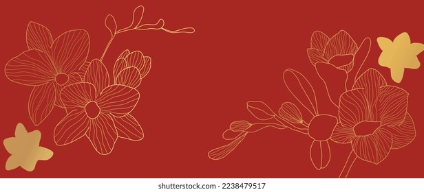 Happy Chinese new year luxury style pattern background vector. Oriental orchid flower gold line art texture on red background. Design illustration for wallpaper, card, poster, packaging, advertising.