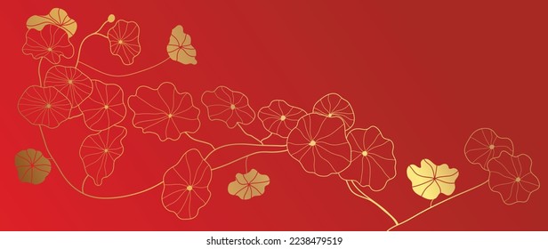 Feliz año nuevo chino como vector de fondo de patrones de estilo de lujo. Suculento arte oriental de la línea dorada de flores sobre fondo rojo. Ilustración de diseño para papel pintado, tarjeta, afiche, embalaje, publicidad.