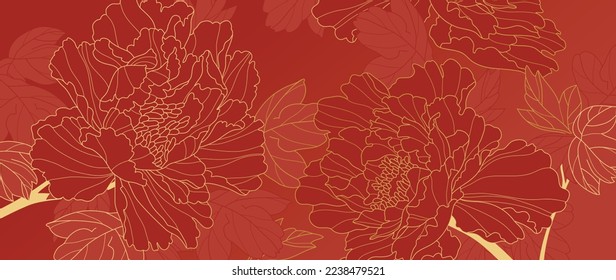 Happy Chinese new year luxury style pattern background vector. Oriental peony flower gold line art texture on red background. Design illustration for wallpaper, card, poster, packaging, advertising.