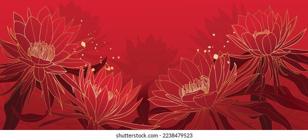 Happy Chinese new year luxury style pattern background vector. Oriental cactus flower gold line art texture on red background. Design illustration for wallpaper, card, poster, packaging, advertising.