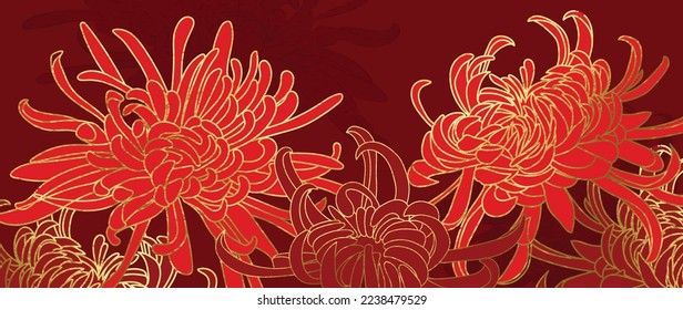 Happy Chinese new year luxury style pattern background vector. Oriental mums flower line art with gold and red color texture. Design illustration for wallpaper, card, poster, packaging, advertising.