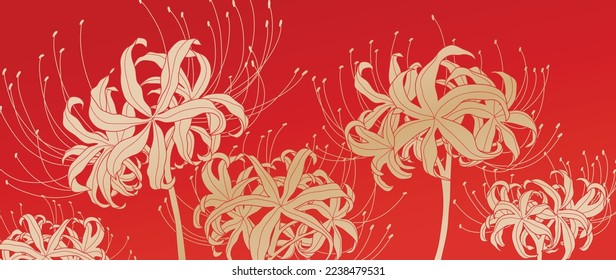 Happy Chinese new year luxury style pattern background vector. Oriental elegant golden spider lily flower on red background. Design illustration for wallpaper, card, poster, packaging, advertising. svg