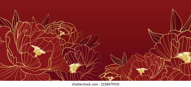 Happy Chinese new year luxury style pattern background vector. Oriental peony flower gold line art texture on red background. Design illustration for wallpaper, card, poster, packaging, advertising.