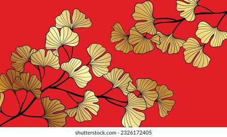 Happy Chinese new year luxury style pattern background vector. Oriental elegant gold ginkgo leaves branch on red background. Design illustration for wallpaper, card, poster, packaging, advertising.