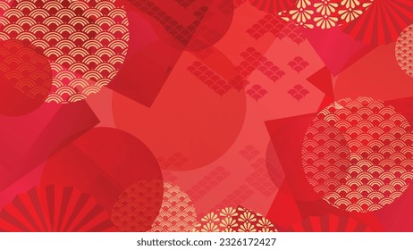 Feliz Año Nuevo chino como vector de fondo de lujo. Formas geométricas doradas, círculo, patrón chino y japonés sobre fondo rojo. Diseño oriental para fondo, tarjeta, afiche, publicidad.