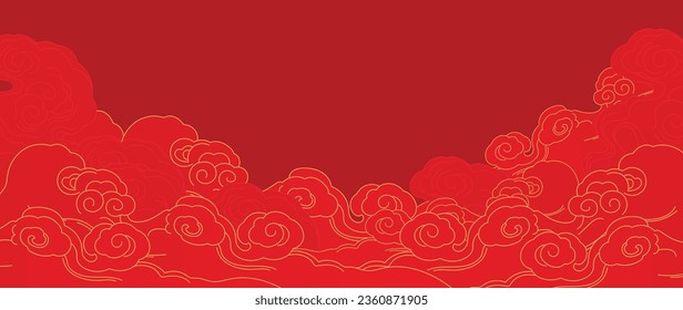 Happy Chinese new year luxury style pattern background vector. Oriental cloud and wave gold line art texture on red background. Design illustration for wallpaper, card, poster, packaging, advertising.