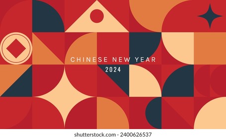 Happy Chinese New Year luxury style pattern background vector. Golden coins, oriental sparkle in red geometric shapes wallpaper. Oriental design for backdrop, card, poster, advertising.