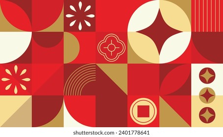 Happy Chinese New Year luxury style pattern background vector. Golden coins, oriental flower, firework in red geometric shapes wallpaper. Oriental design for backdrop, card, poster, advertising.