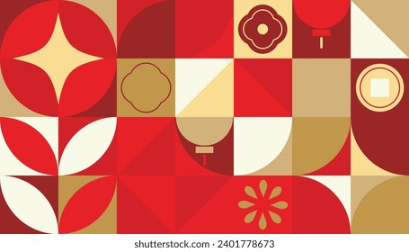 Feliz Año Nuevo chino como vector de fondo de patrones de lujo. Monedas de oro, farolillos orientales, fuegos artificiales en papel pintado de formas geométricas rojas. Diseño oriental para fondo, tarjeta, afiche, publicidad.