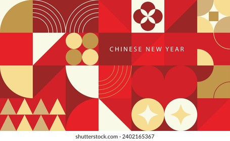 Happy Chinese New Year luxury style pattern background vector. Golden coins, oriental flower, sparkle in red geometric shapes wallpaper. Oriental design for backdrop, card, poster, advertising.