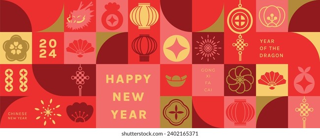 Happy Chinese New Year luxury style pattern background vector. Golden coin, oriental flower, dragon, lantern in red geometric shapes wallpaper. Oriental design for backdrop, card, poster, advertising.