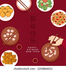 Happy Chinese New Year Mandarin Text With Top View Of Traditional Delicious Foods And Chopsticks On Dark Red Plank Texture Background.