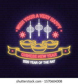 Happy Chinese New Year neon greetings card, flyers, poster in retro style. Vector illustration. Chinese New Year neon sign with firework, lantern for new year emblem, bright signboard, light banner.