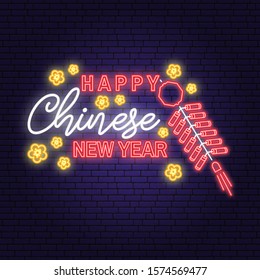 Happy Chinese New Year neon sign for greetings card, flyers, poster. Vector. Neon chinese sign with red fire cracker and sakura for new year emblem, bright signboard, light banner.