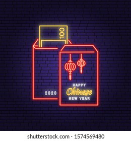 Happy Chinese New Year neon greetings card, flyers, poster. Vector illustration. Chinese New Year neon sign with sign with red envelope for new year emblem, bright signboard, light banner.