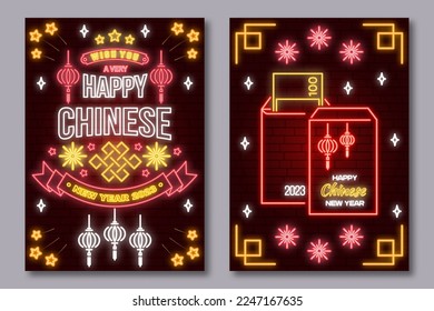 Happy Chinese New Year neon greetings card, flyers, poster in retro style. Vector. Chinese New Year neon sign with firework and firework rocket for new year emblem, bright signboard, light banner.