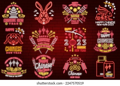 Happy Chinese New Year neon greetings card, flyers, poster. Vector illustration. Chinese New Year neon sign with sakura, lantern, china tiger for new year emblem, bright signboard, light banner.