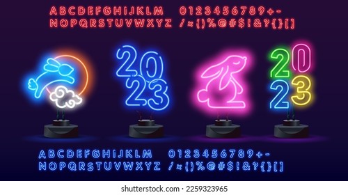 Happy Chinese New Year neon greetings card, flyers, poster. Vector illustration.