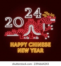Happy Chinese New Year neon greetings card, flyers, poster in retro style with dragon. Vector illustration. For banners, cards, posters with Dragon sign 2024 Chinese New Year