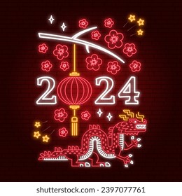 Feliz año nuevo chino, tarjeta de saludo al neón, volantes, afiche de estilo retro con dragón. Vector. Signo de neón chino de Año Nuevo con linterna para emblema de año nuevo, letrero brillante, bandera clara.