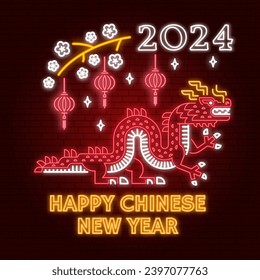 Happy Chinese New Year neon greetings card, flyers, poster in retro style with dragon. Vector illustration. For banners, cards, posters with Dragon sign 2024 Chinese New Year