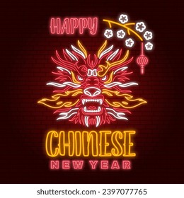 Happy Chinese New Year neon greetings card, flyers, poster in retro style with dragon. Vector illustration. For banners, cards, posters with Dragon sign 2024 Chinese New Year