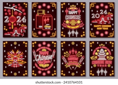 Happy Chinese New Year neon greetings card, flyers, poster. Vector illustration. Chinese New Year neon sign with sakura, lantern, china tiger for new year emblem, bright signboard, light banner.