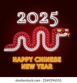 Happy Chinese New Year neon greetings card, flyers, poster in retro style with snake. Vector illustration. For banners, cards, posters with Snake sign 2025 Chinese New Year